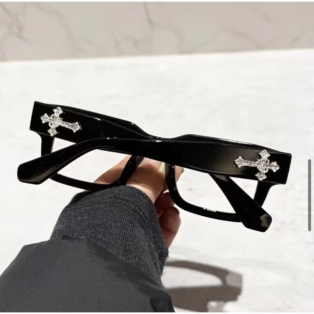 Black Crystal Cross Decor Fashion Glasses Rectangular Clear Lens